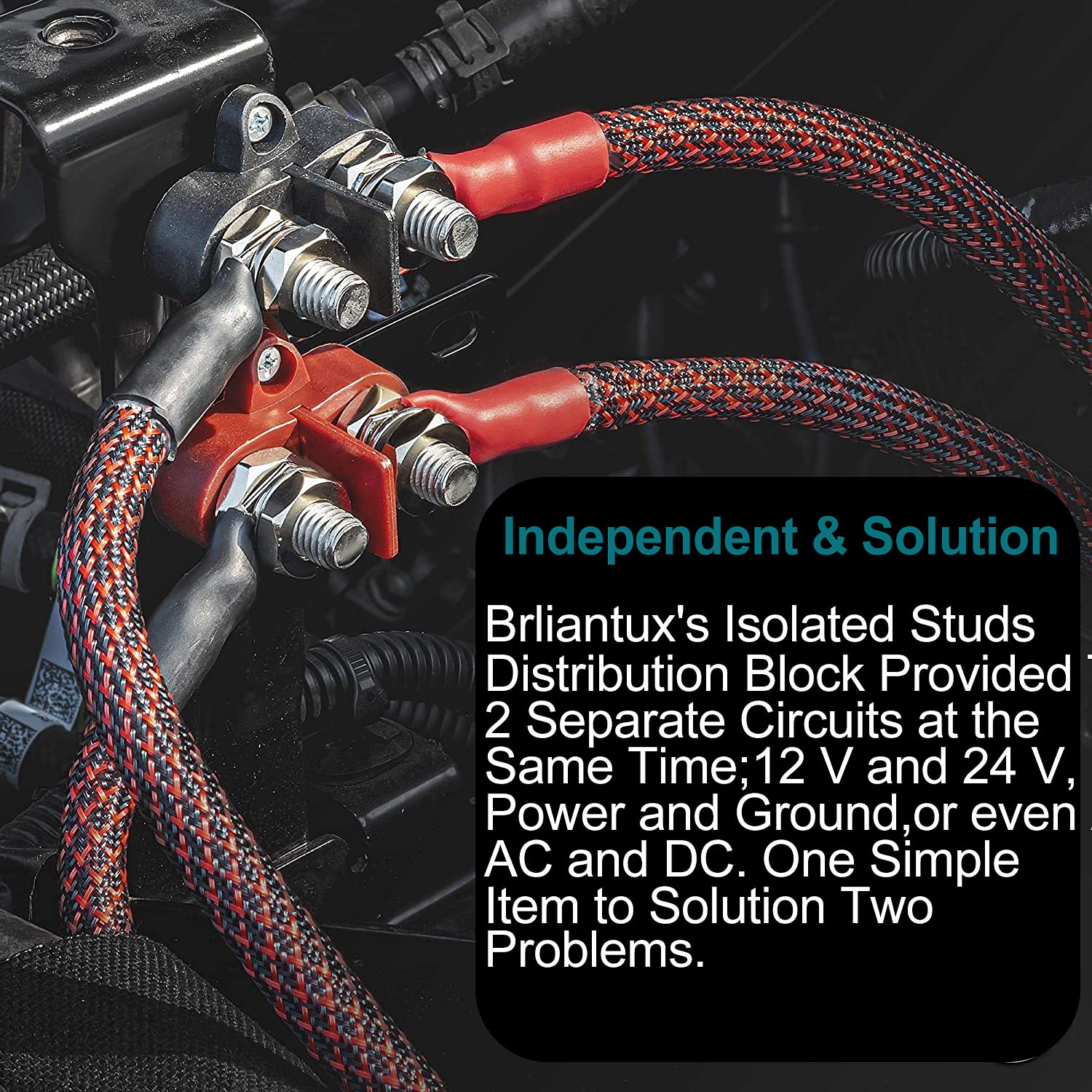 Dual Isolated Stud Battery Power Distribution Terminal Block - M10 & M8 Black & Red - Max 48V DC - Positive Insulated Junction Post for Auto, Marine, Car, Trailer, RV, Boat - Perfect for Off-Road Vehicles & Solar Power Systems