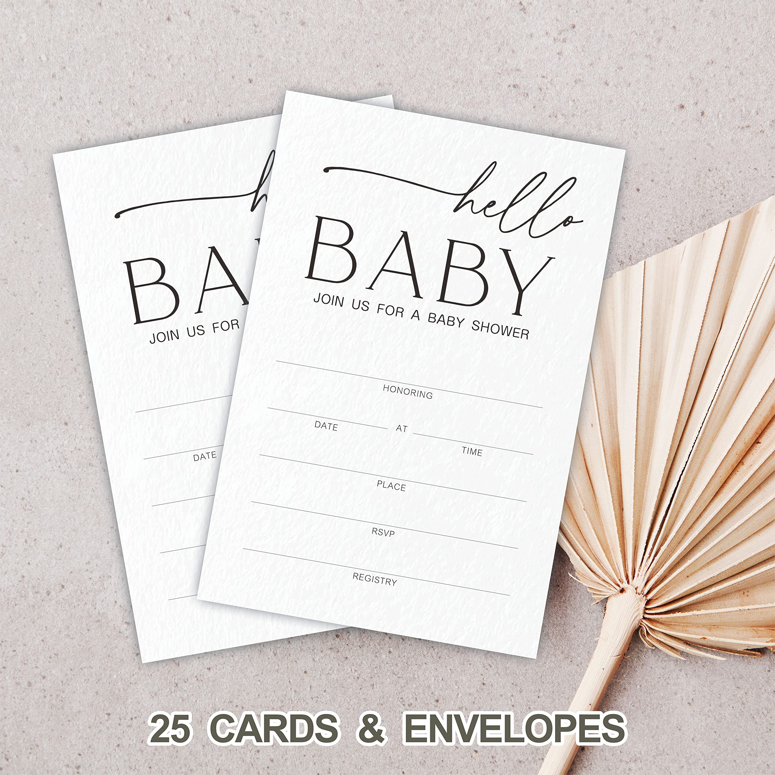 Minimalist Hello Baby Gender Reveal Invitation Cards (25 Pack) - Elegant Black & White Baby Shower Invitations with Envelopes - Perfect for Boy or Girl Baby Showers, Gender Reveal Parties & Nursery Decor - YQK-A10