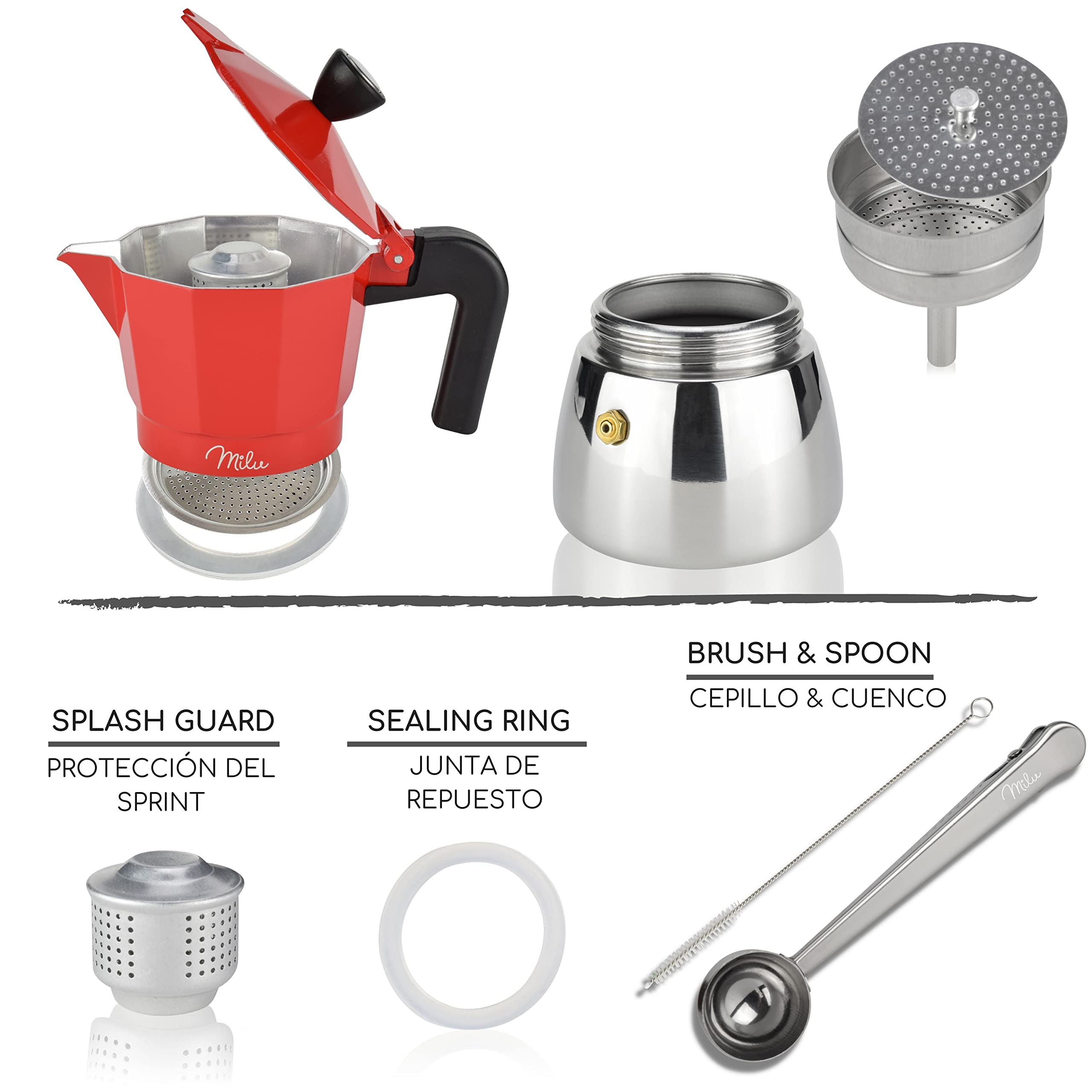 Milu Italian Stovetop Espresso Maker for Induction - 3, 6, 9 Cup Aluminum Moka Pot with Stand, Spoon & Brush (Red, 9 Cup 400ml) - Perfect for Home Coffee Brewing & Gifts