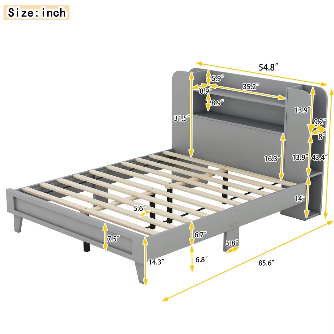 Full Size Wooden Platform Bed Frame with Storage Headboard & Shelves - Grey Kids Bed for Boys & Girls - Perfect for Small Bedrooms, Dorm Rooms & Space-Saving Storage Solutions