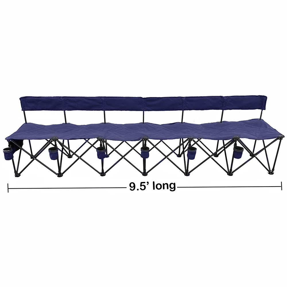GoTEAM! Pro 6-Seat Portable Folding Bench with Cup Holders & Carry Case - Navy Blue - Perfect for Sports Games, Picnics, Camping & Outdoor Events