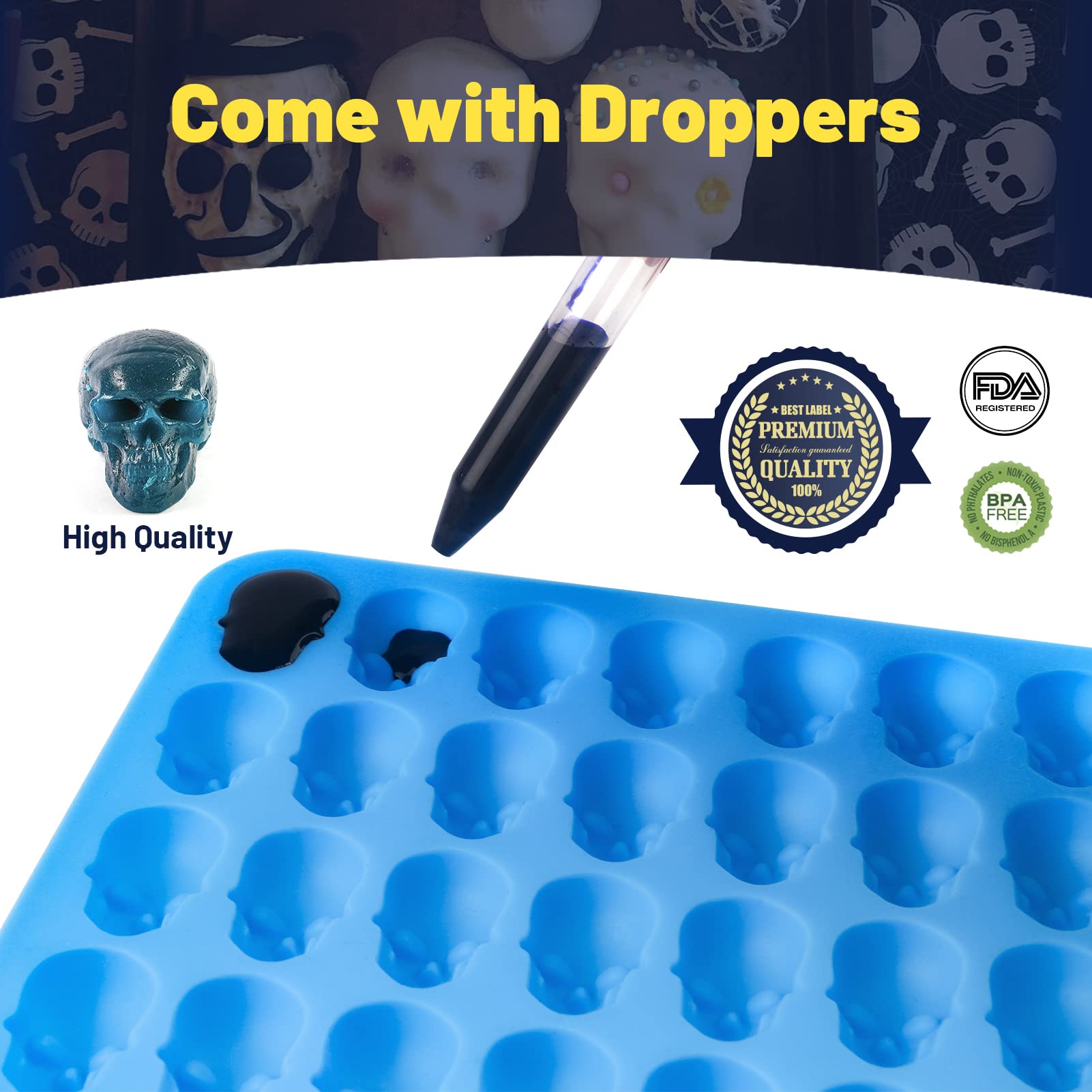 2Pcs Silicone Gummy Skull Candy Molds - Nonstick Food Grade Chocolate & Jelly Molds with Dropper - Perfect for Halloween Treats, Party Favors, DIY Desserts & Ice Cubes