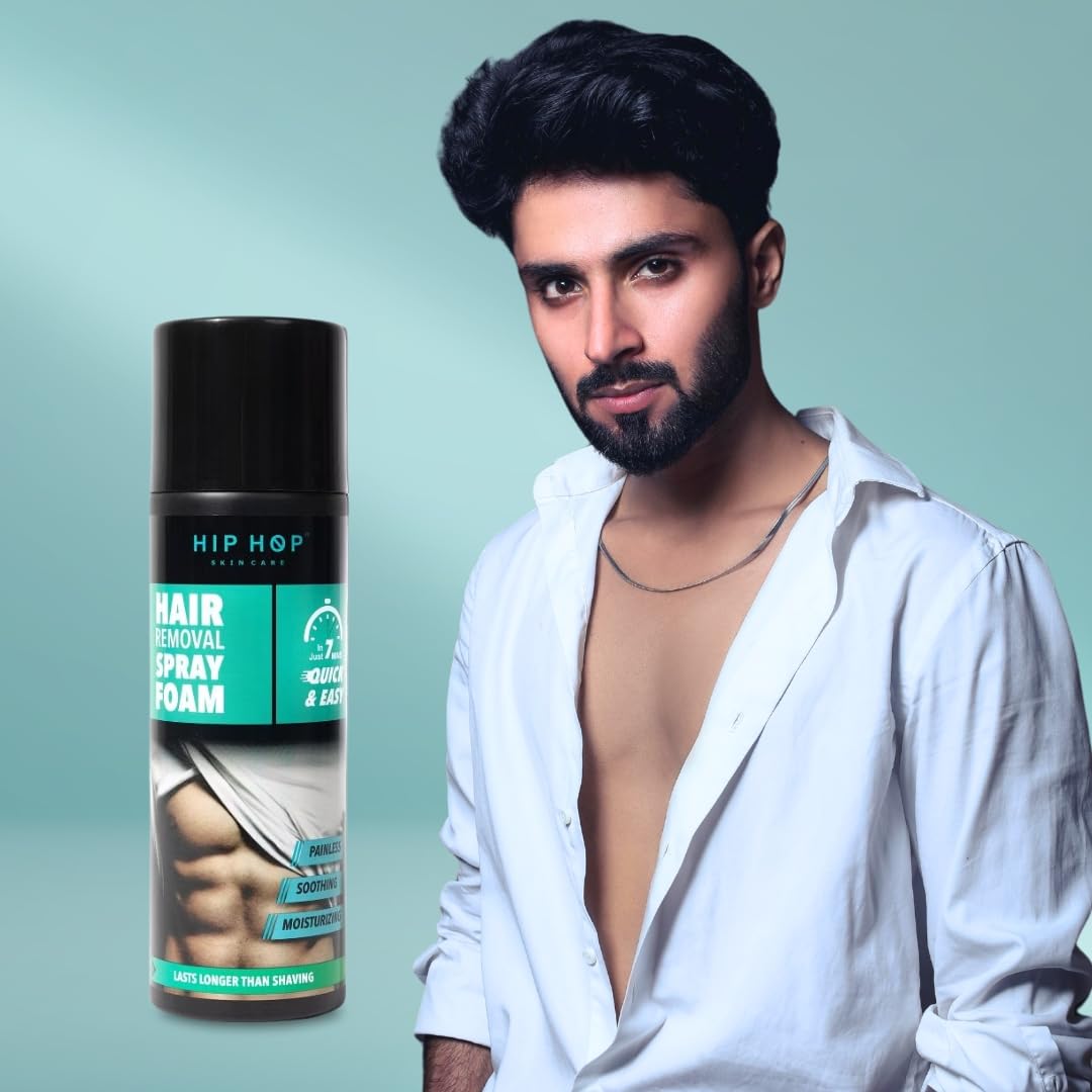 Painless Hair Removal Spray Foam for Men - HipHop Skincare 200ml | Chest, Legs, Arms, Shoulders & Back | All Skin Types | Quick & Easy Body Hair Removal for Smooth Skin at Home or Gym