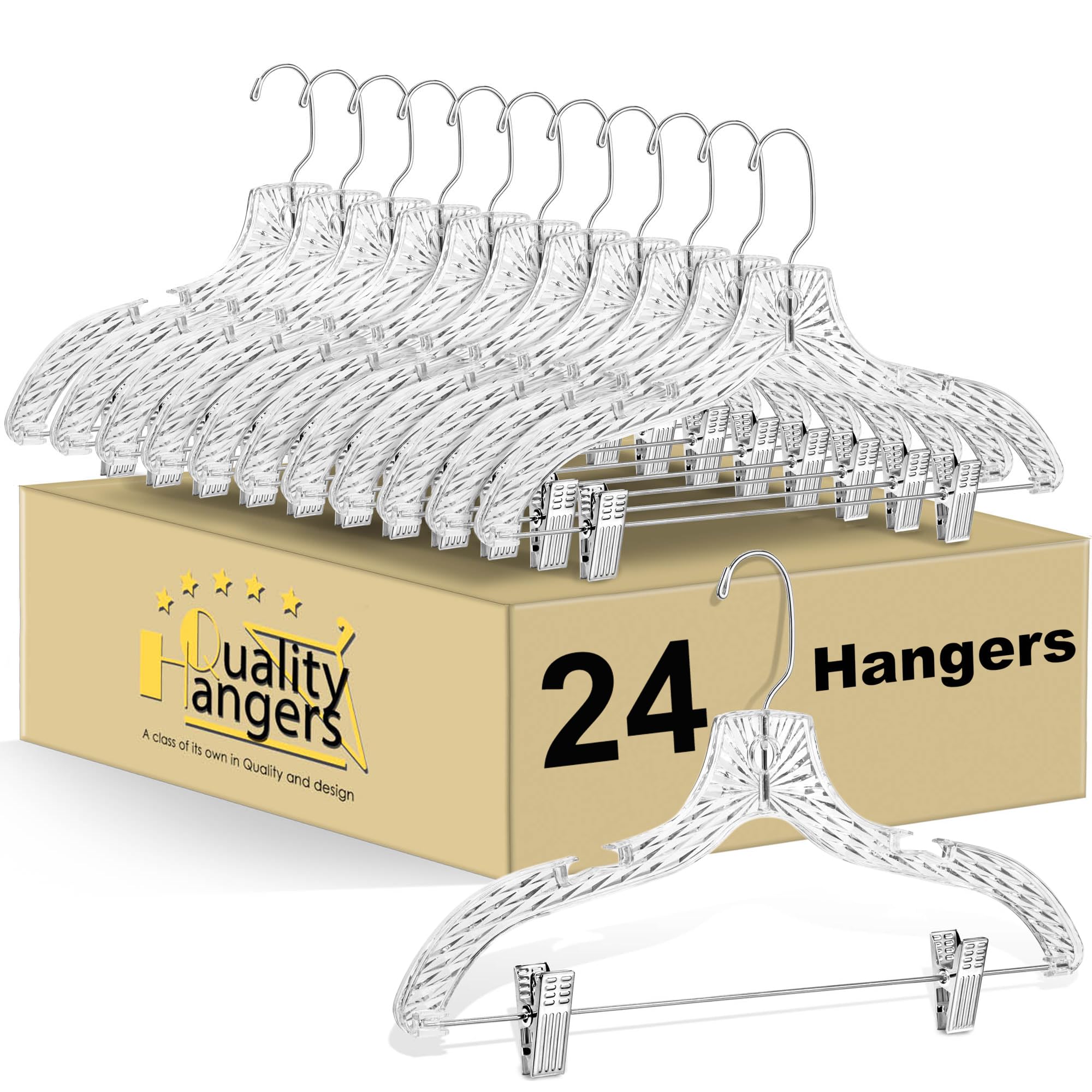 24 Pack Clear Plastic Hangers - Premium Crystal Cut Clothes Hangers for Dresses, Suits & Skirts | Space-Saving Invisible Hangers for Closet Organization | Perfect for Home, Retail Stores & Dry Cleaning Businesses