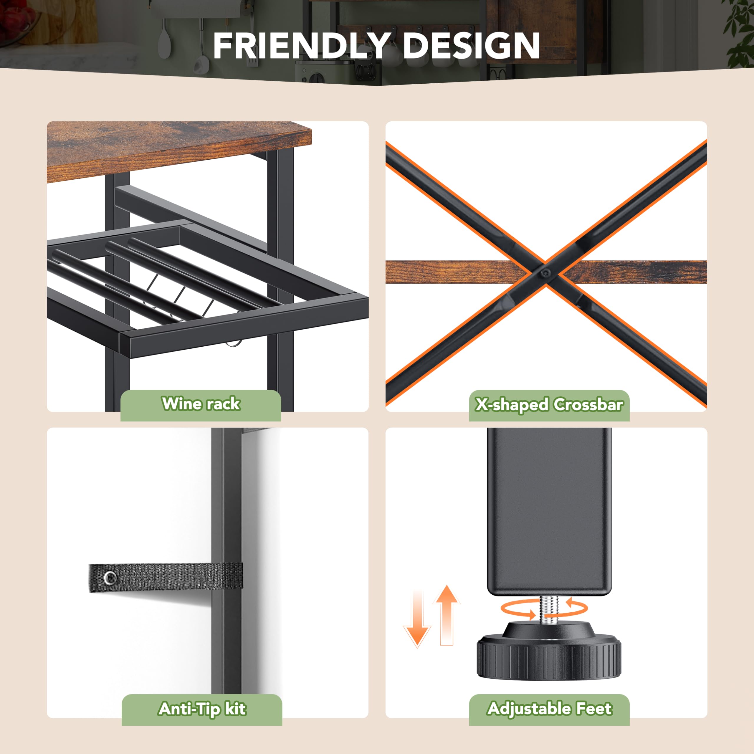 5-Tier Metal Bakers Rack with Power Outlet & Storage - Microwave Stand, Coffee Bar Organizer with K-Cup Holder, 39.37