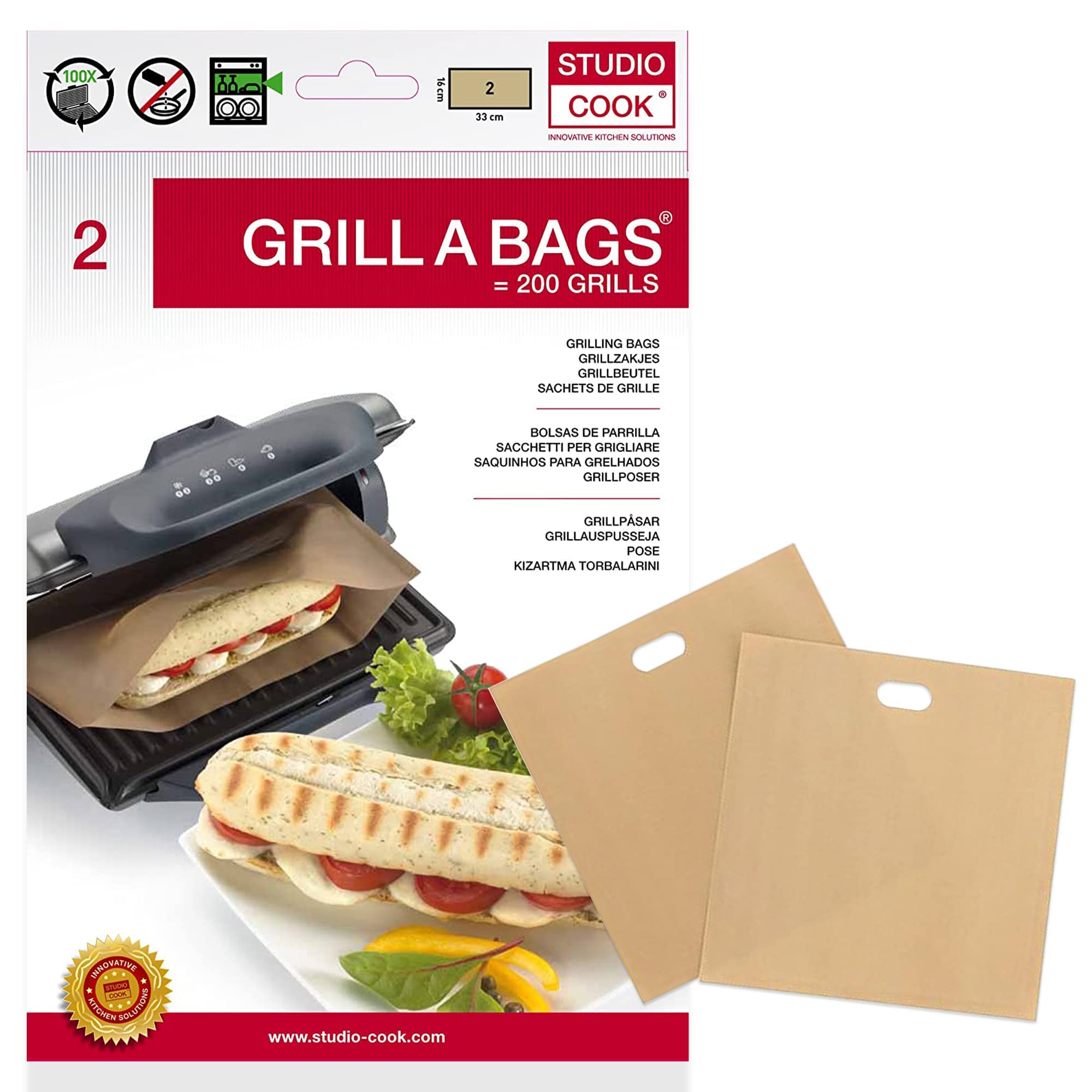 Reusable Grill & Toaster Bags - 100 Uses, Dishwasher Safe, No Butter/Oil Needed - Perfect for Grilled Cheese, Panini, Burgers & Sandwiches - Ideal for Camping, BBQs & Quick Kitchen Meals - 2 Pack