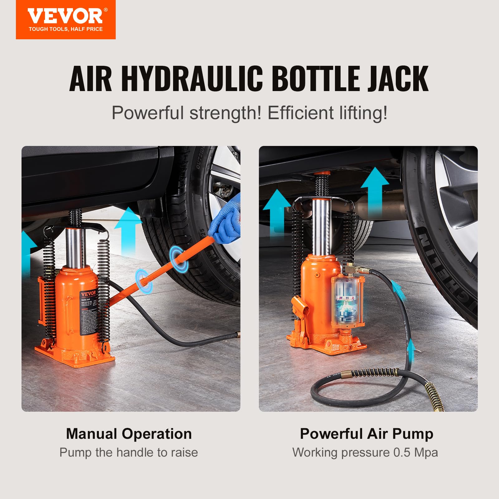 VEVOR 20 Ton Air Hydraulic Bottle Jack - 44,029 LBS Capacity, 10.4-19.7 Inch Lift Range, Heavy Duty Welded Construction with Manual Handle & Air Pump - Perfect for Car, Truck, RV Repair & Industrial Engineering (Workshop, Garage, Construction Site)