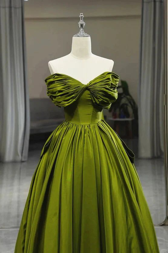 Elegant Green A-Line Off Shoulder Satin Long Party Dress J4425 - Perfect for Prom, Evening Gala, and Formal Events