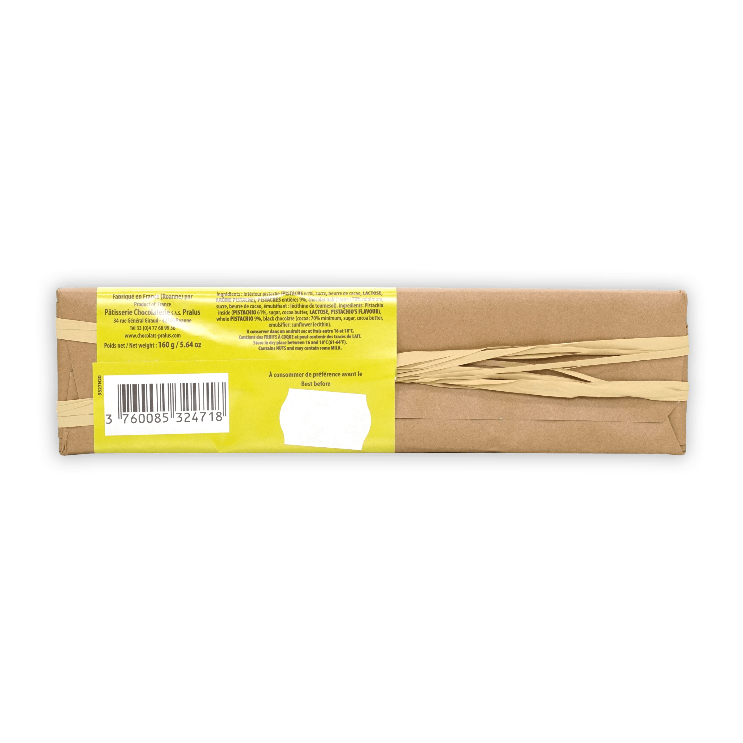 Pralus Infernale Pistachio Praline Chocolate Bar 75% Dark - Gourmet French Chocolate for Gifting & Dessert Pairing
