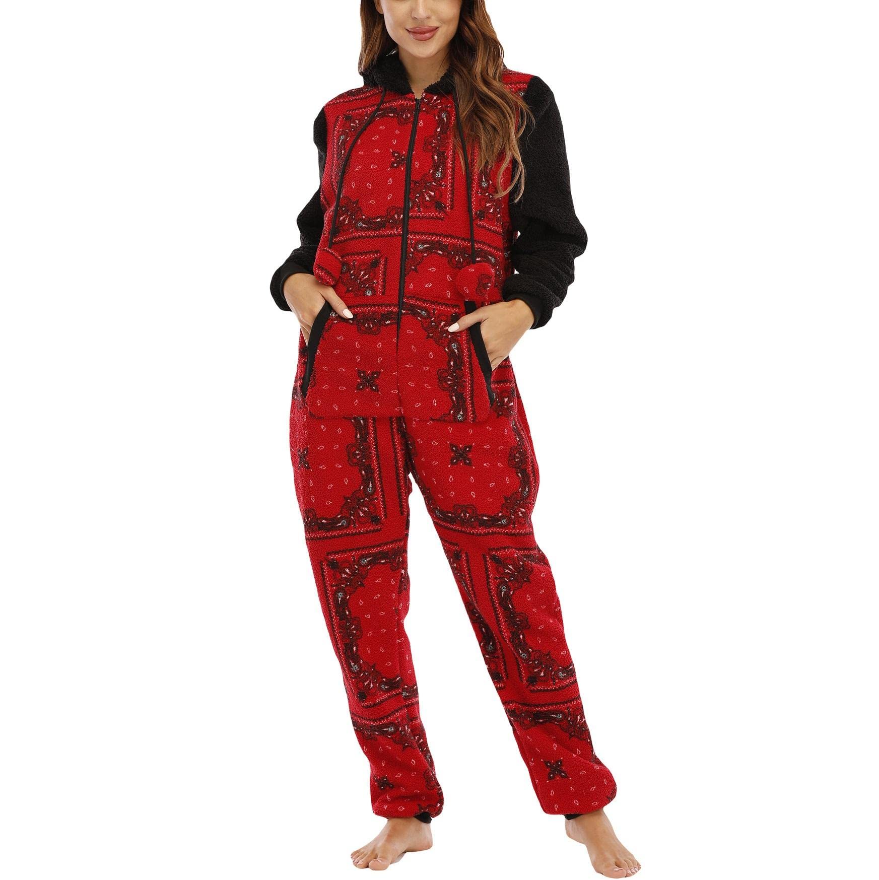 Women's Christmas Fleece Hooded Jumpsuit - Warm Zipper Romper One Piece Pajamas for Holiday Sleepwear & Cozy Loungewear | Perfect for Winter Nights, Christmas Parties & Festive Gatherings