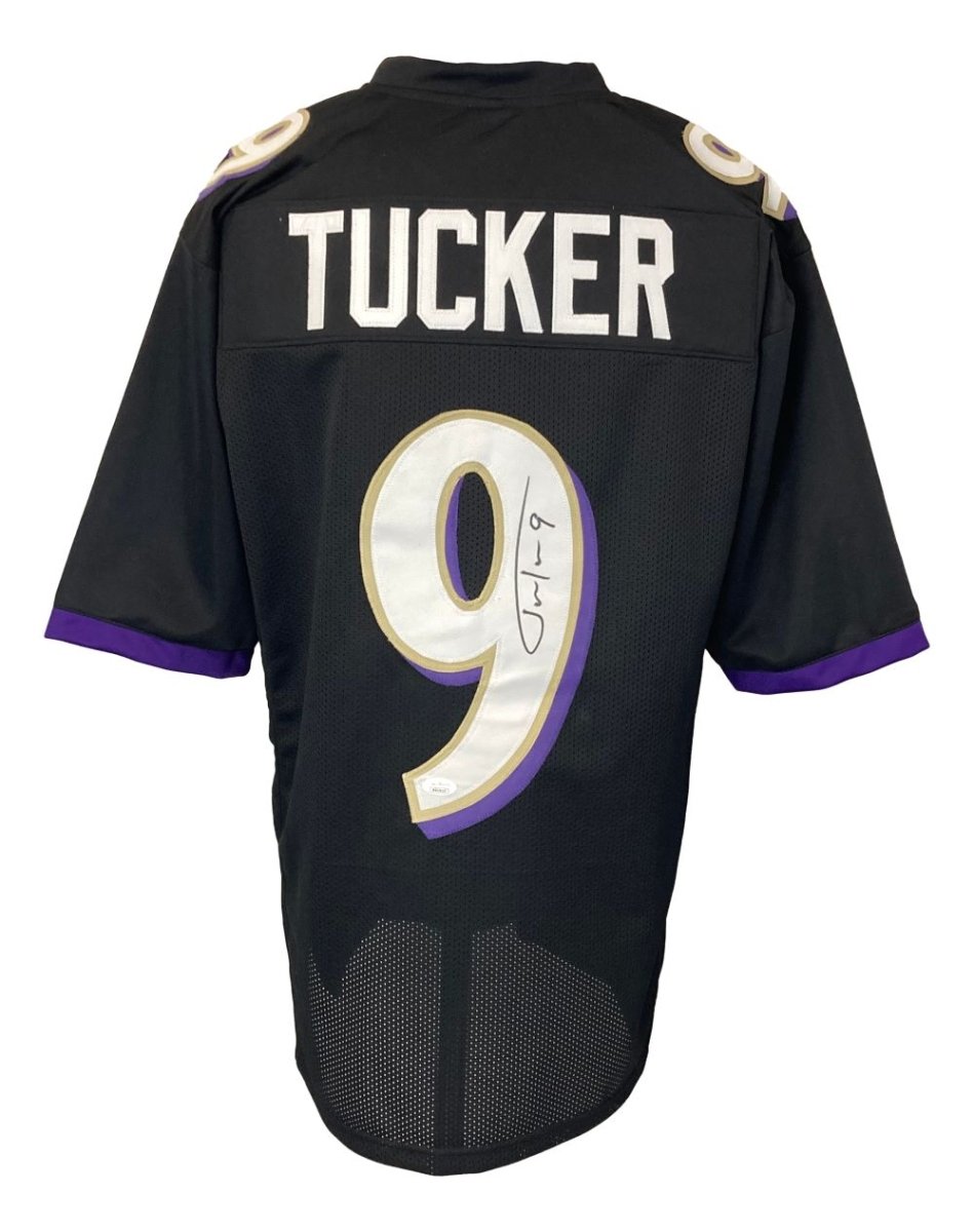 Justin Tucker Autographed Baltimore Ravens Black Football Jersey with JSA COA - Perfect for NFL Fans, Collectors, and Game Day Memorabilia Displays