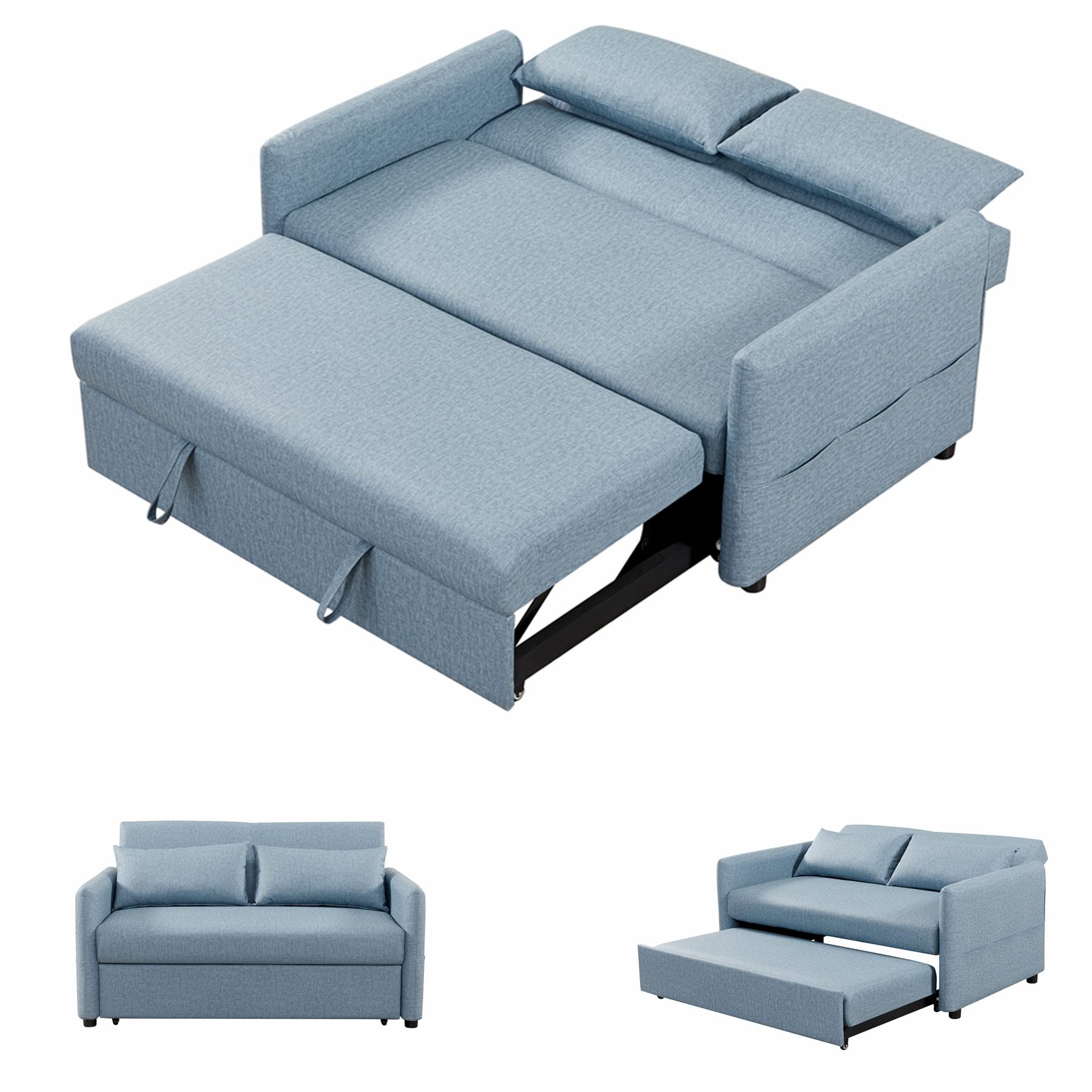 Gynsseh 3-in-1 Convertible Sleeper Sofa Bed - Adjustable Pull Out Loveseat with Storage Pocket & Lumbar Pillows - Faux Leather Futon for Small Spaces (Blue) - Perfect for Studio Apartments, Guest Rooms & Home Offices
