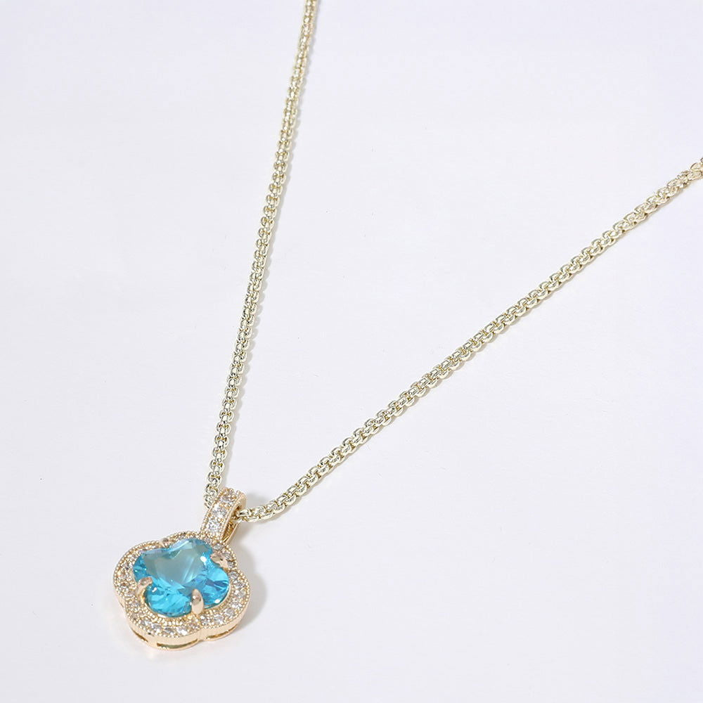 14K Gold Plated Quatrefoil Cubic Zirconia Blue Pendant Necklace for Women - Elegant Jewelry Gift for Birthday, Anniversary & Special Occasions