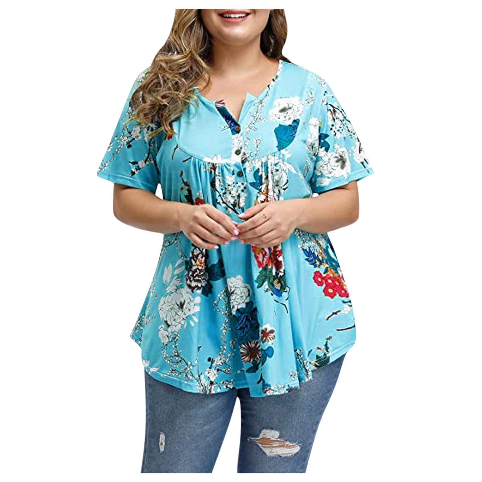 Plus Size Floral Blouses for Women - Henley V-Neck Button Up Plaid Print Tunic Tops with Ruffle Flowy Short Sleeves | Casual Wear, Office Outfits & Spring Summer Fashion