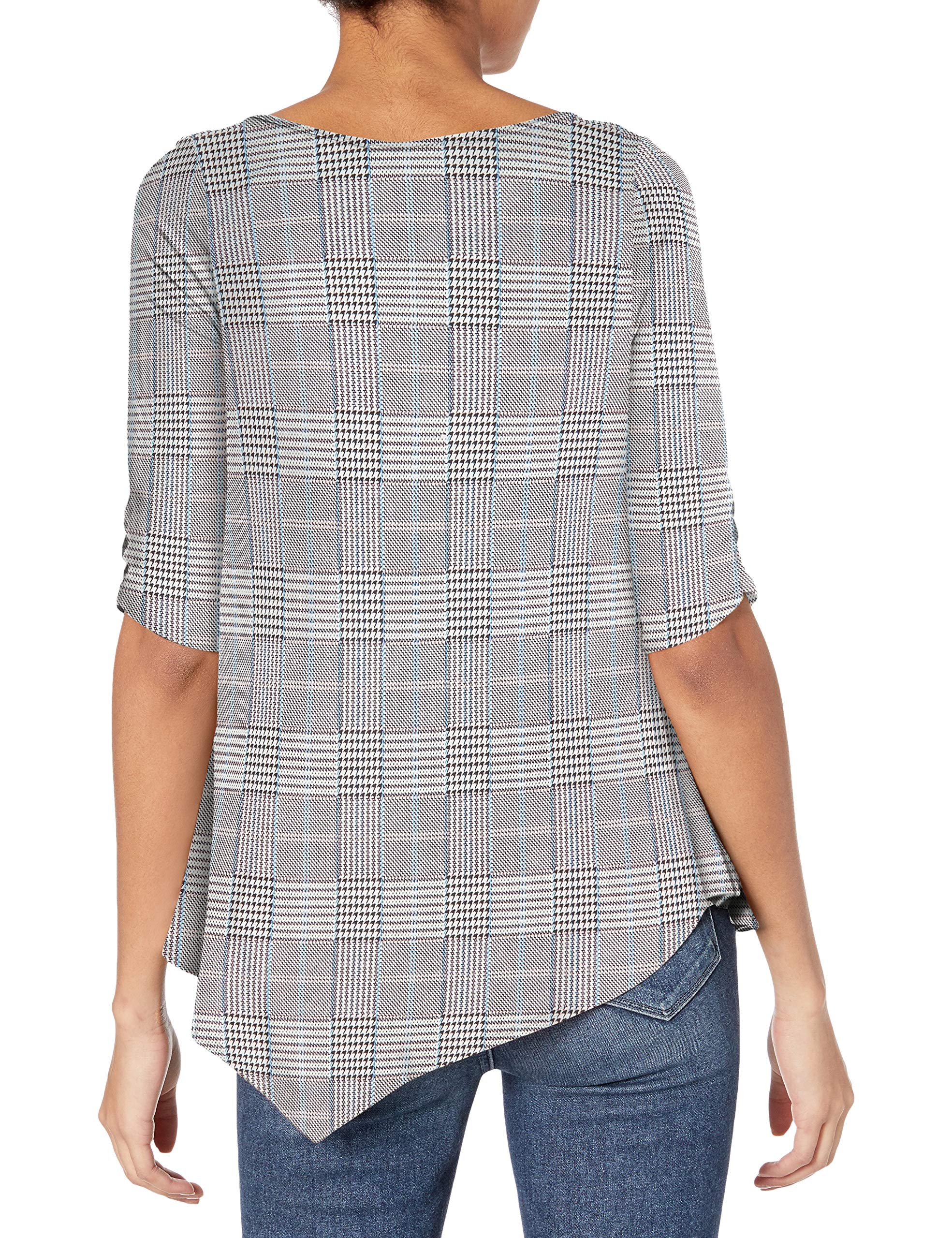 Star Vixen Women's Stylish Hanky Hem Blouse - Flattering Elbow Sleeve Top with Cinch Waist Detail - Trendy Black/White/Blue Houndstooth Print - Size Small - Perfect for Office Wear, Date Night & Casual Outings