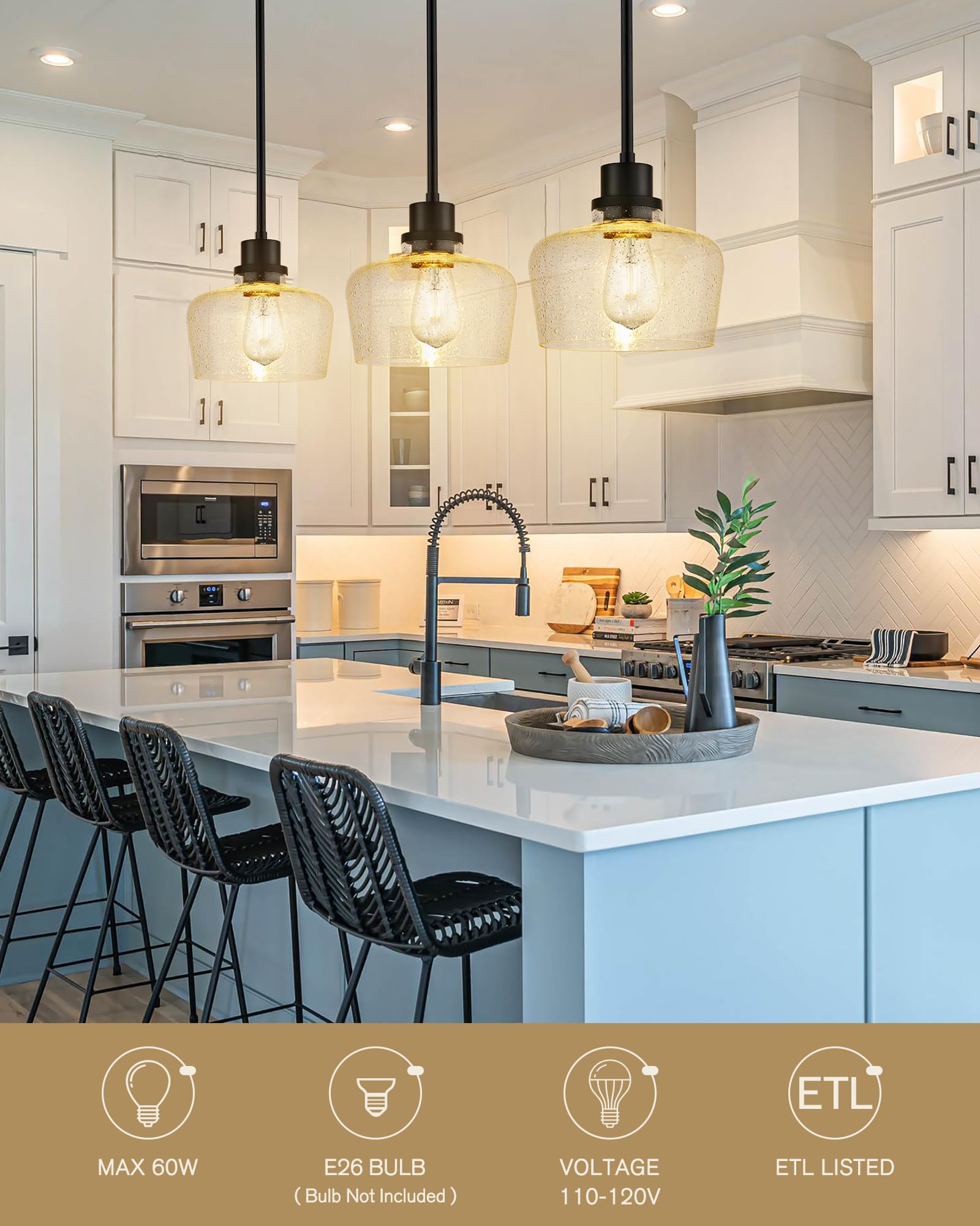 Emak Modern Farmhouse Black Pendant Light Fixture with Seeded Glass Shade - 8 Inch Hanging Light for Kitchen Island, Dining Room, Bathroom & Bedroom | Rustic Industrial Lighting for Home Decor