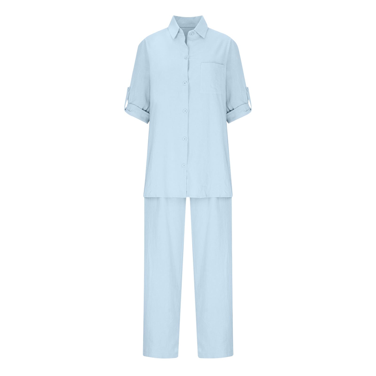 Women's 2-Piece Cotton Linen Loungewear Set - Plus Size Pants & Shirt for Sleep & Relaxation