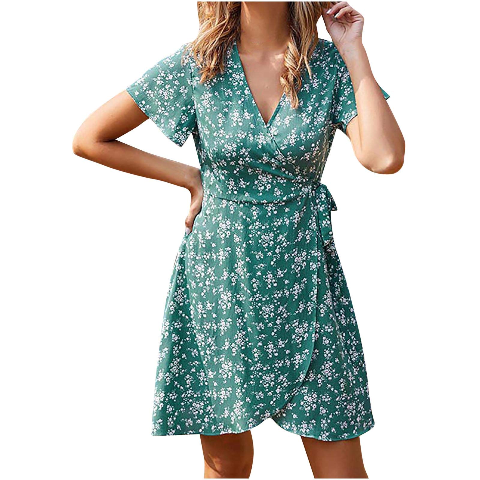 SSZZoo Women's Summer Floral Print V-Neck Short Sleeve Draped Dress - Casual Boho Chic Spliced Sundress for Beach, Vacation & Date Night