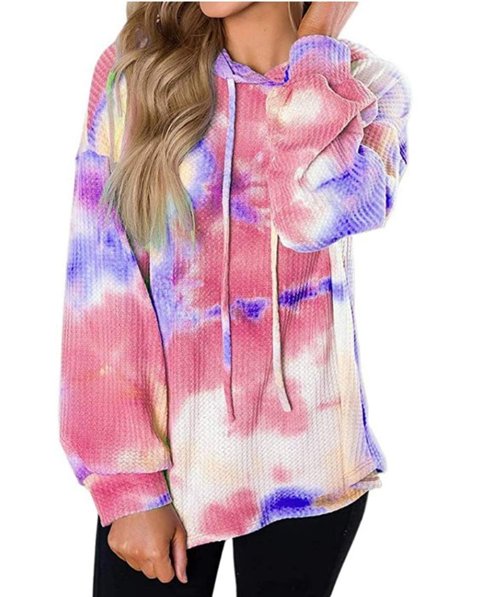 Women's Tie Dye Hoodie - Soft Waffle Knit Long Sleeve Pullover Sweatshirt with Drawstring Hood | Perfect for Casual Wear, Loungewear & Outdoor Activities