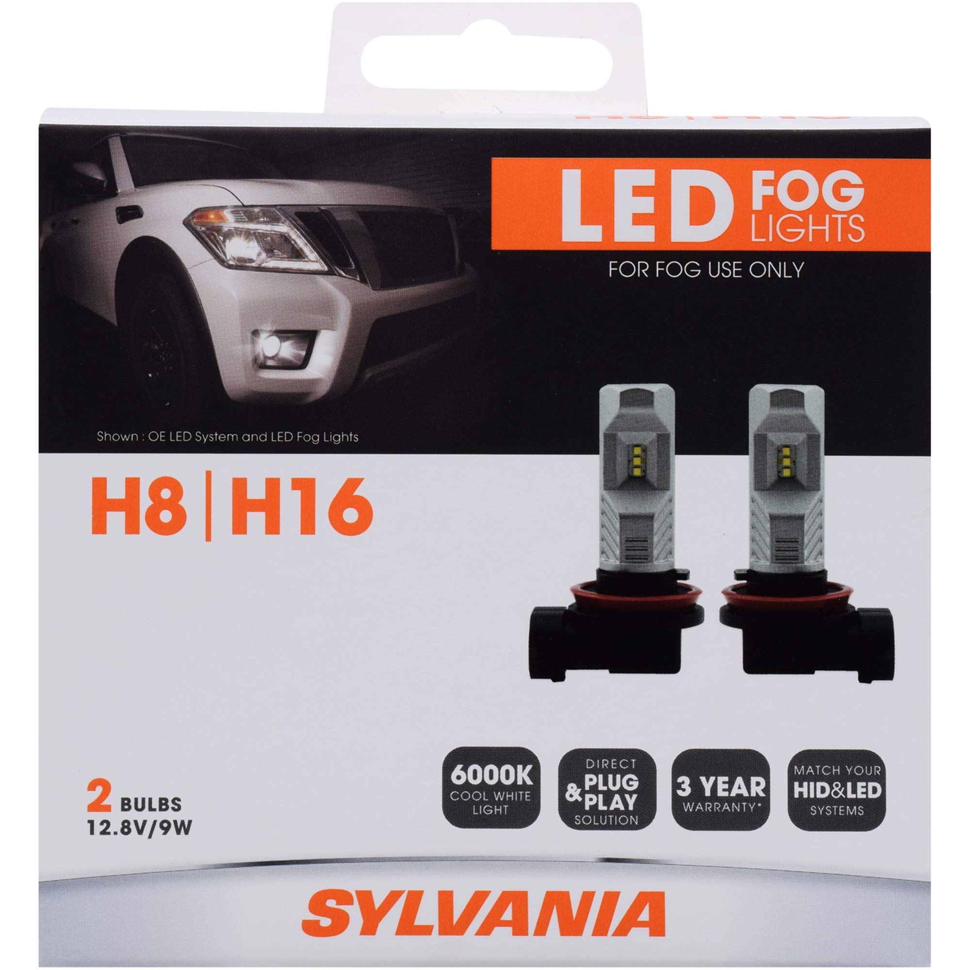 SYLVANIA H8 LED Fog Light Bulbs - Premium Plug and Play Replacement, 6000K Bright White Light, Compatible with HID & LED Headlight Systems (Pack of 2) - Perfect for Night Driving, Foggy Conditions & Enhanced Vehicle Style