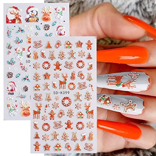 5D Christmas Embossed Nail Art Stickers - Winter Elk, Cookie Man & Christmas Tree Designs - Self-Adhesive Nail Decals for Women, Girls & Kids - Gel Polish Manicure Sliders (6 Sheets) - Perfect for Holiday Parties, Gift Giving & Festive Nail Designs