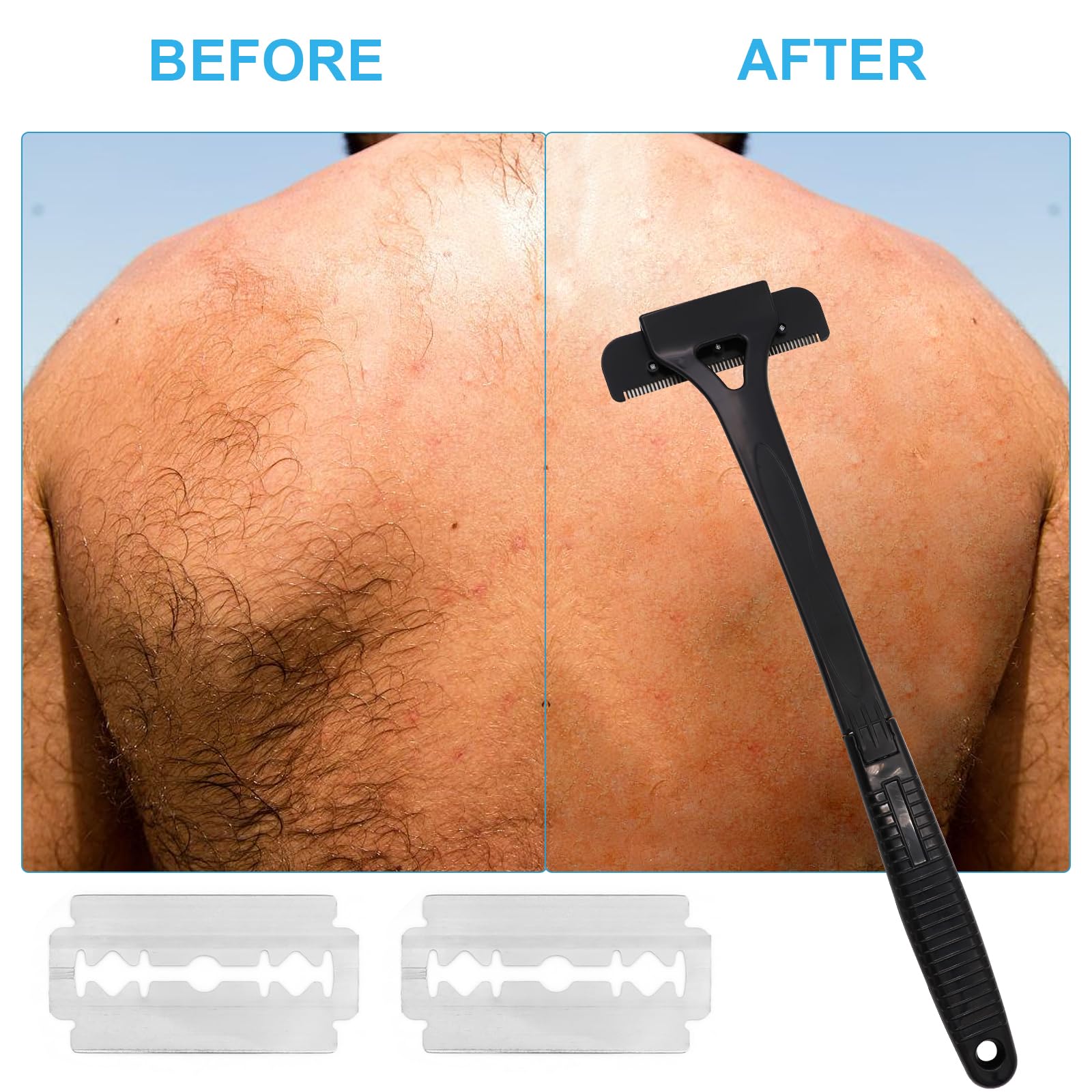 Men's Back Razor & Body Hair Trimmer - 10 Replacement Blades, Foldable Back Hair Remover for Wet/Dry Shaving | Effective Back Shaving Tool for Smooth Skin | Perfect for Home Use, Travel & Grooming Kits