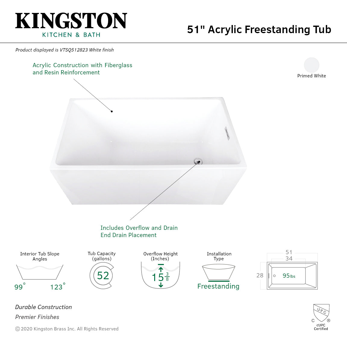 Aqua Eden 51 Inch Acrylic Freestanding Bathtub - Glossy White Rectangular Soaking Tub with Drain | Double-Ended Design for Modern Bathrooms & Spa-Like Relaxation