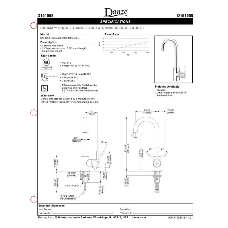 Danze Parma Chrome Single Handle Bar Faucet - Modern Kitchen Sink Faucet for Bar, Prep Sink & Utility Use