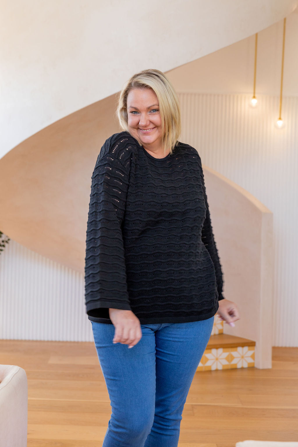 Black Waves Knit Sweater - Soft & Stylish Women's Pullover for Casual Wear & Layering