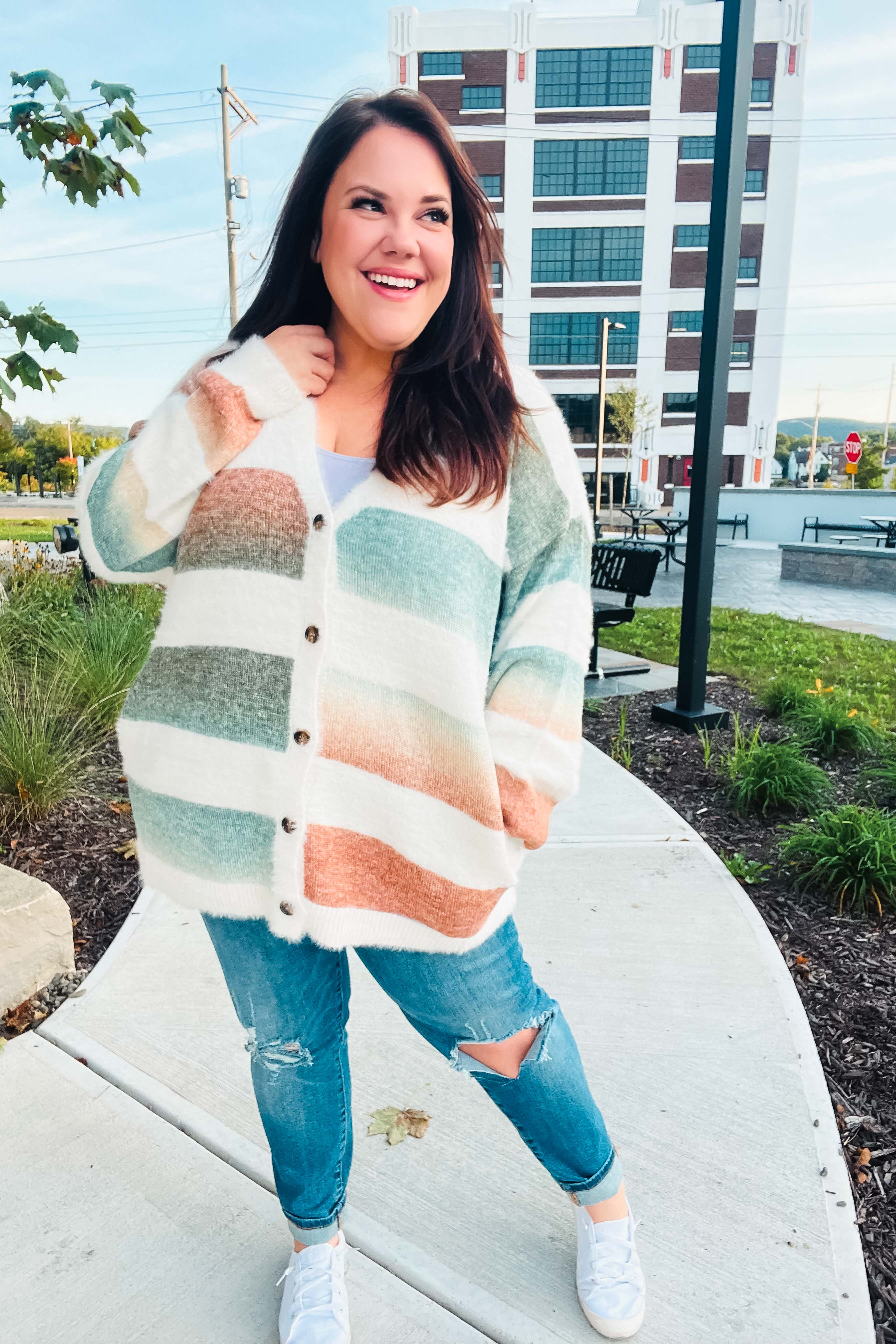Ivory Striped Button Down Fuzzy Knit Cardigan for Women - Soft Warm Winter Sweater - Perfect for Office, Date Night and Casual Outfits
