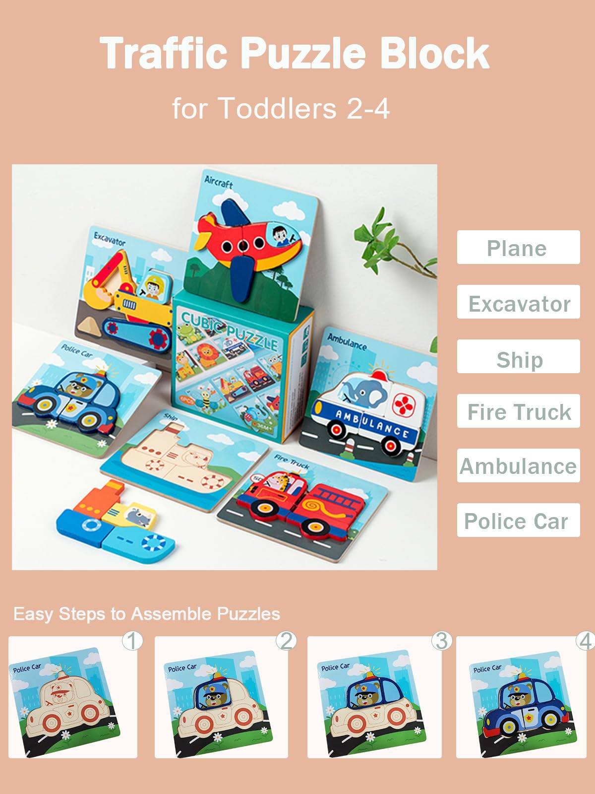 Montessori Wooden Puzzles for Toddlers 1-3 - 6 Pack STEM Learning Toys for Preschoolers - Perfect for Early Education & Playtime