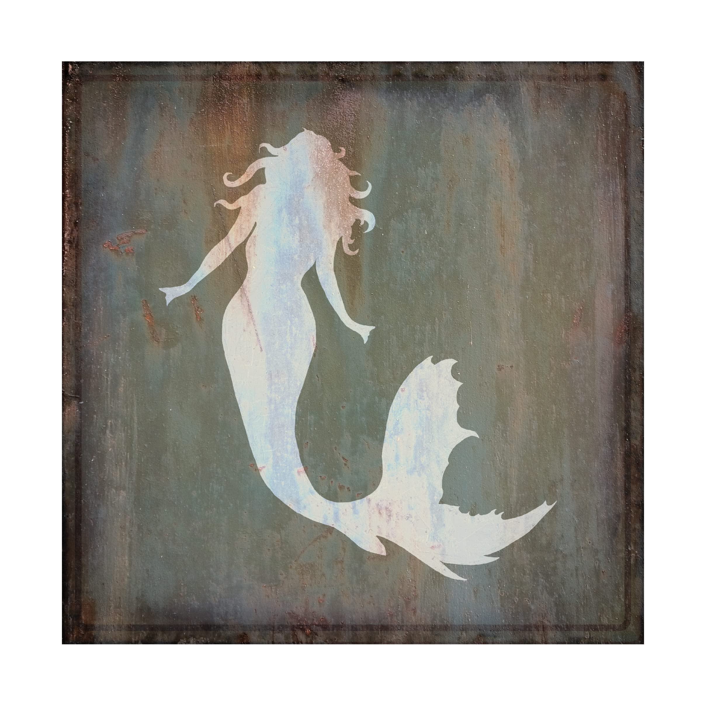 Rusty Sign Mermaid Canvas Wall Art by Cora Niele - Vintage Coastal Decor for Beach House, Bathroom & Nautical Themed Rooms