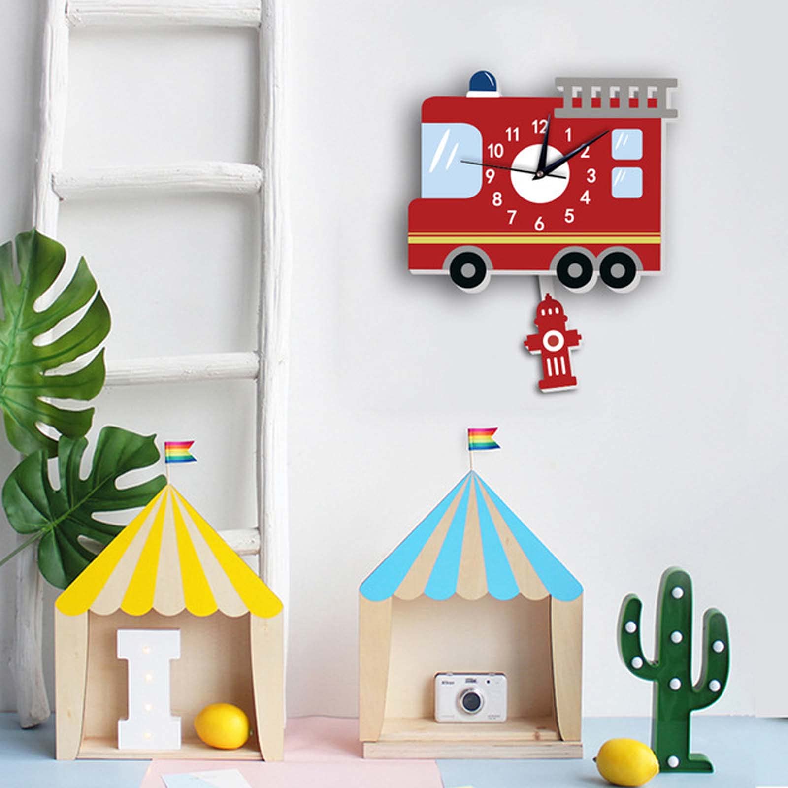 Nordic Style Pendulum Wall Clock - Cartoon Mute Silent Non-Ticking Wall Clock with Fire Truck Design for Kids Room, Nursery, Playroom & Home Decor