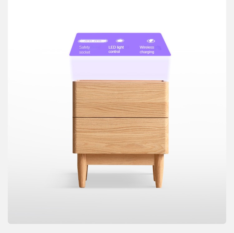 Oak Solid Wood Smart Nightstand with Wireless Charger, USB Ports & Built-in Lamp - Perfect for Bedroom, Living Room & Office