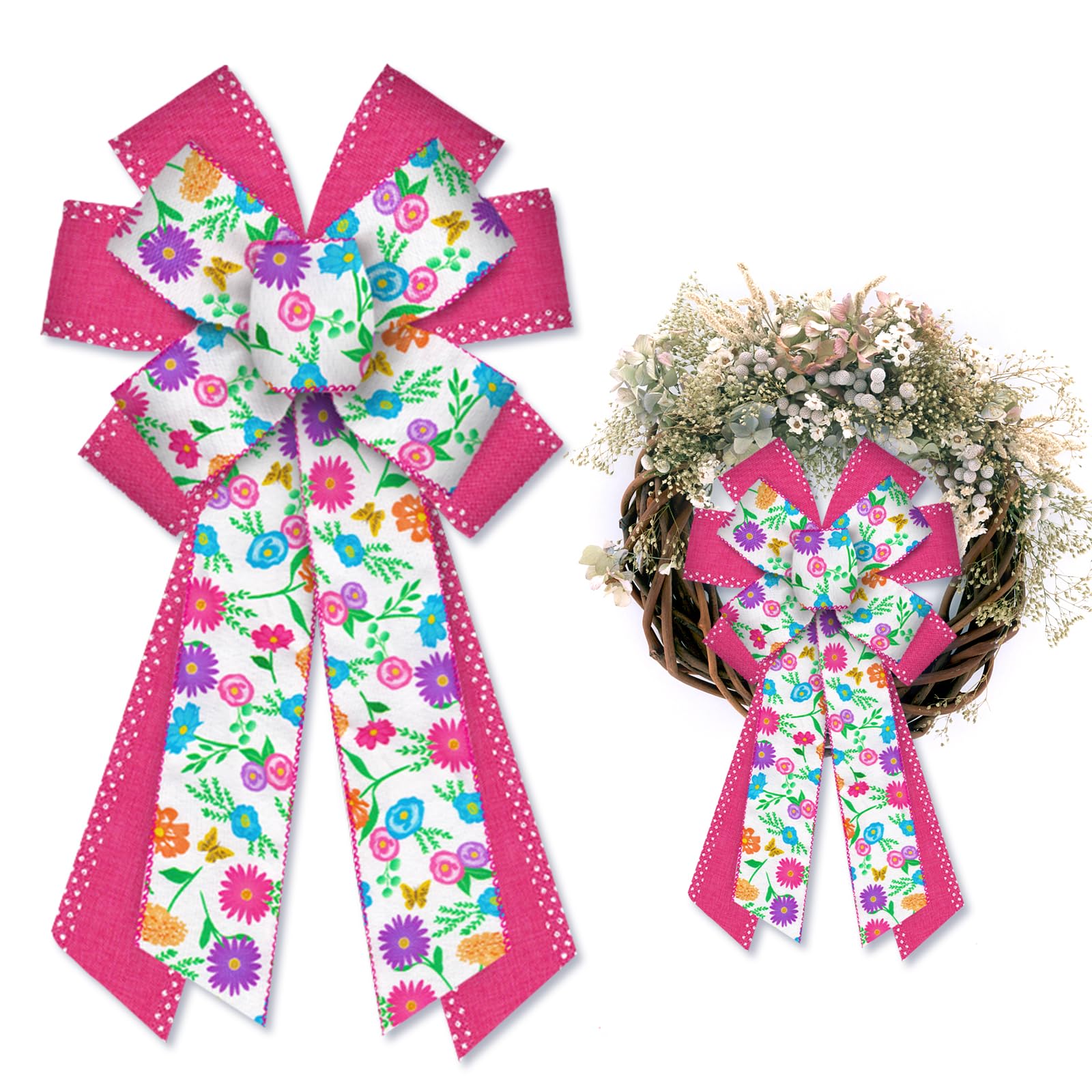 Large Pink Daisy Spring Bow for Wreath - Decorative Front Door Bow with Dots Floral Design for Party, Indoor & Outdoor Wall Decor - Perfect for Spring Summer Wedding, Baby Shower, and Seasonal Home Decoration