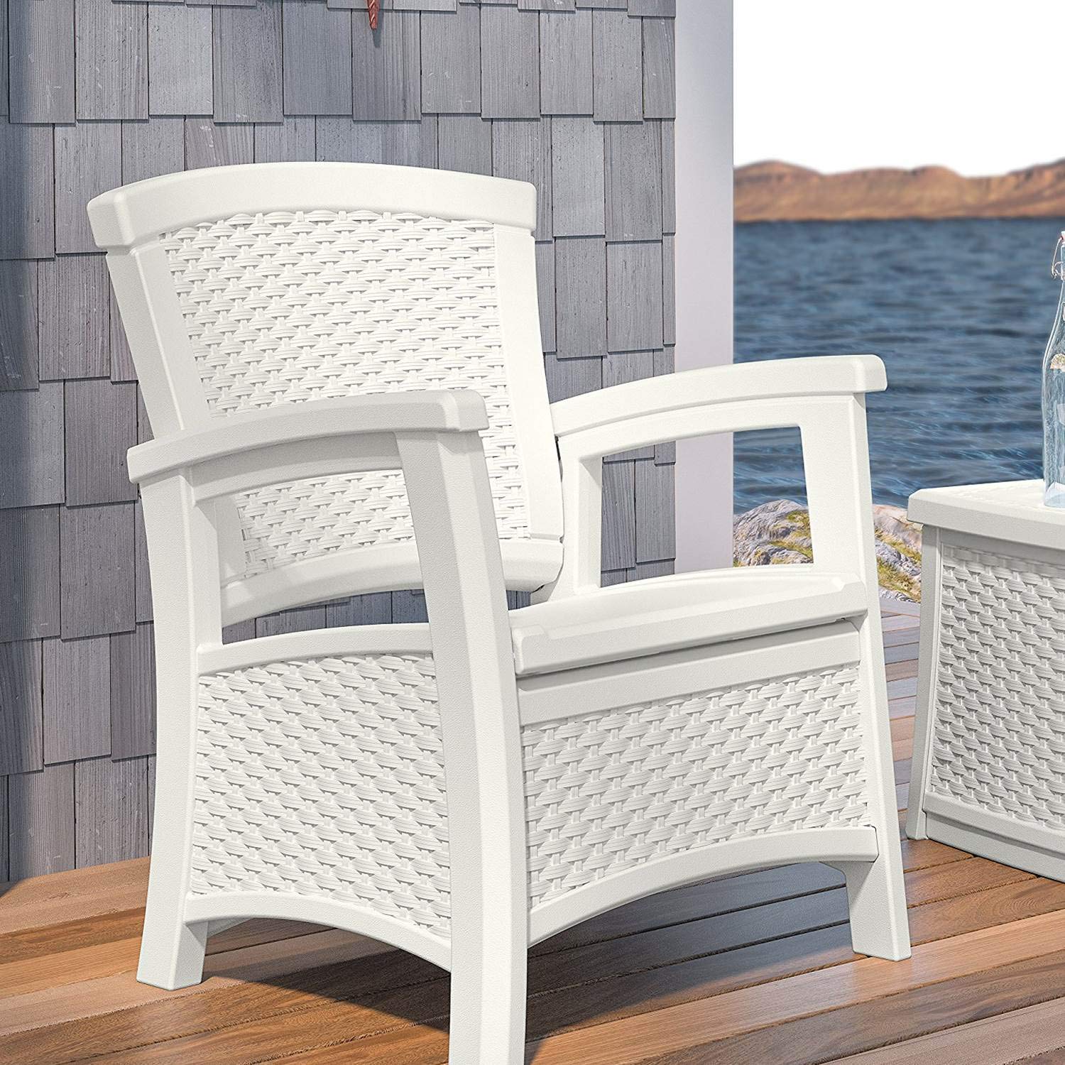 Suncast Elements Club Chair with Storage - Lightweight Resin All-Weather Outdoor Patio Chair with 11 lbs Storage Capacity - Perfect for Poolside, Garden, Deck, and Backyard Relaxation - White
