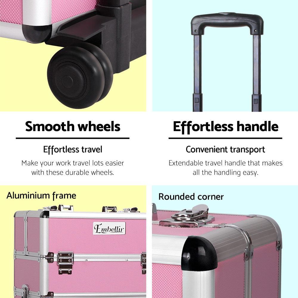 Embellir Professional Makeup Case with Wheels - Large Cosmetic Organizer & Beauty Trolley for Travel, Salon, and Home Storage - Pink Beauty Storage Box for Makeup Artists & Cosmetics Lovers