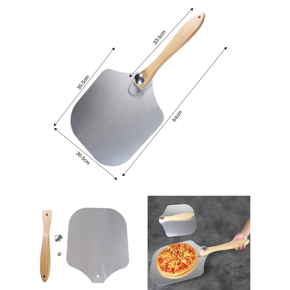 QZH Aluminum Pizza Peel with Wooden Handle - 64CM Professional Pizza Shovel for Baking, Cake Transfer & Cheese Cutting - Perfect for Home Kitchens, Pizzerias & Outdoor BBQ Cooking