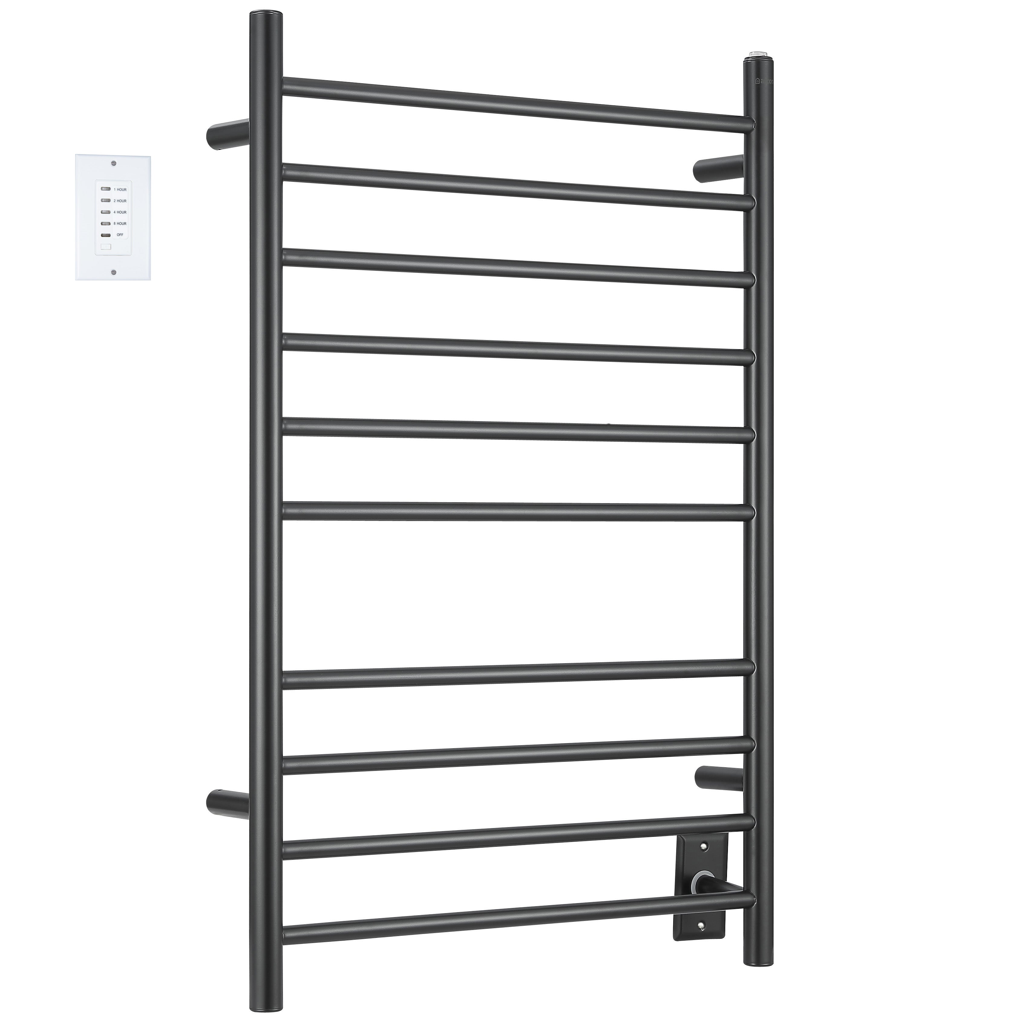 Ancona Novara 10 Bar Matte Black Wall Mounted Towel Warmer with Timer - Bathroom Heated Towel Rack for Spa, Luxury Home & Hotel Use