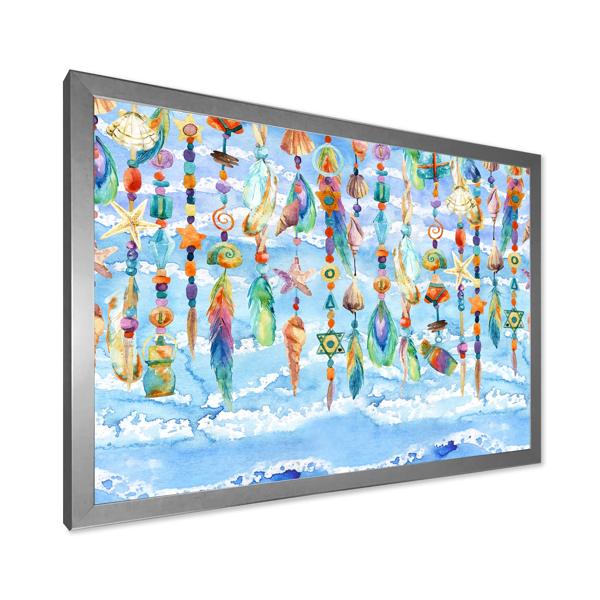 DesignQ Sea Shell and Bead Jewelry - Traditional Framed Wall Art Decor for Beach House, Living Room & Coastal Style Interiors