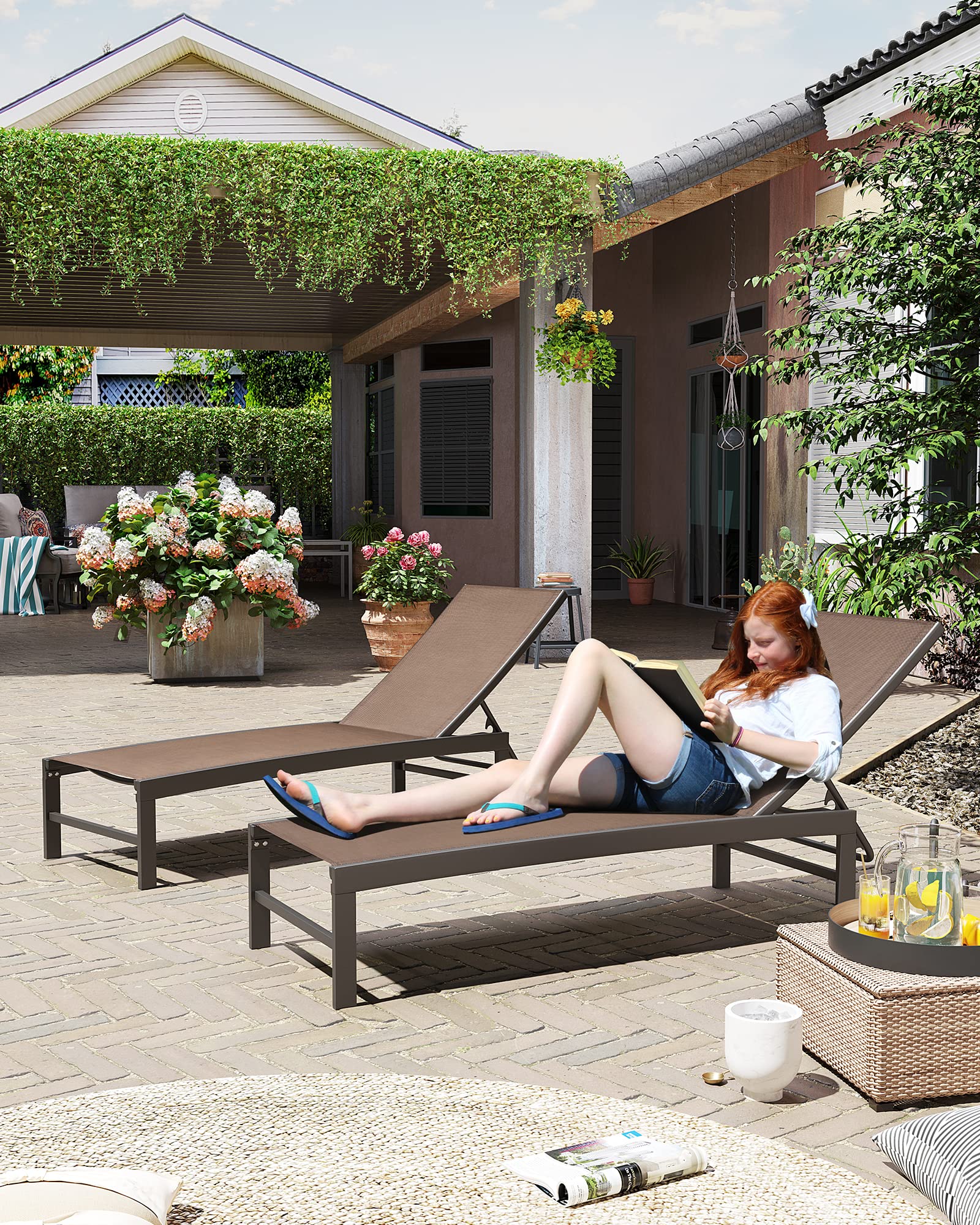 Crestlive 2-Piece Outdoor Aluminum Pool Chaise Lounge Chairs Set - Adjustable 5-Position Tanning Recliner - All-Weather Patio, Beach, Yard & Pool Furniture (Brown) - Perfect for Sunbathing, Relaxing by the Pool or Backyard Lounging
