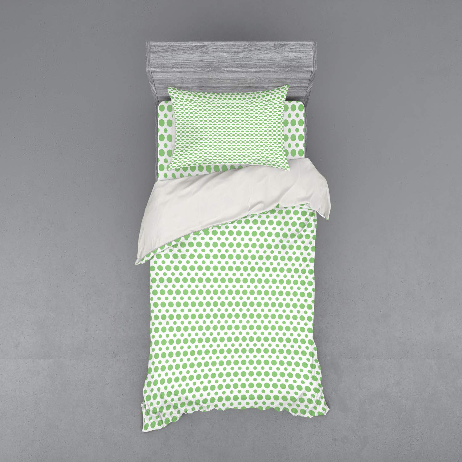 Ambesonne Retro Green Polka Dot Duvet Cover Set - 3 Piece 60s 70s Vintage Pop Art Inspired Bedding with Sham & Fitted Sheet, Twin XL Size, Fern Green & White - Perfect for Bohemian & Mid-Century Modern Bedrooms