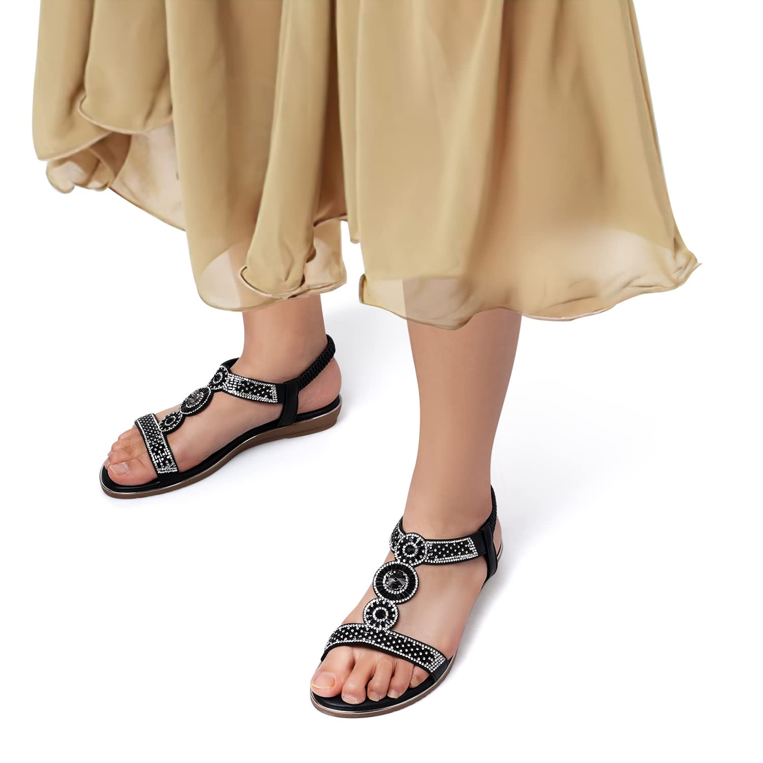 SHIBEVER Women's Rhinestone Bling Dressy Sandals - Comfortable Summer Flat Sandals with Ankle Strap for Casual Wear, Beach, Wedding & Party Occasions
