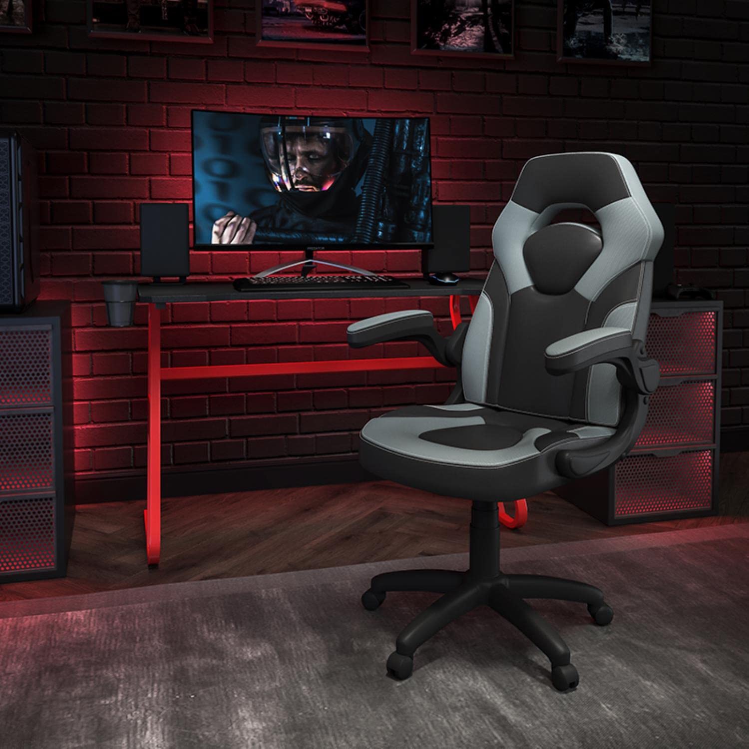 Flash Furniture Red Gaming Desk & Gray/Black Racing Chair Set with Cup Holder, Headphone Hook - Perfect for Esports, Streaming & Home Office Gaming Setup