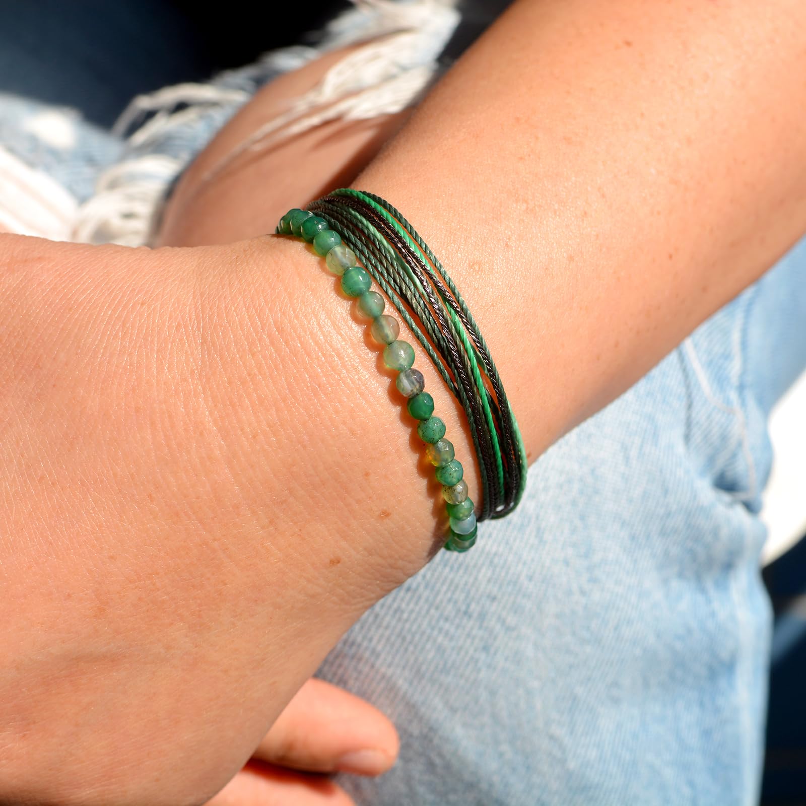 Mezcla Vida Agate Beaded Bracelets for Women - Adjustable String Bracelet Set with Natural Stones, Boho Style Jewelry Gift for Friends (Green, 2 Pack) | Perfect for Yoga, Meditation, and Everyday Boho Fashion