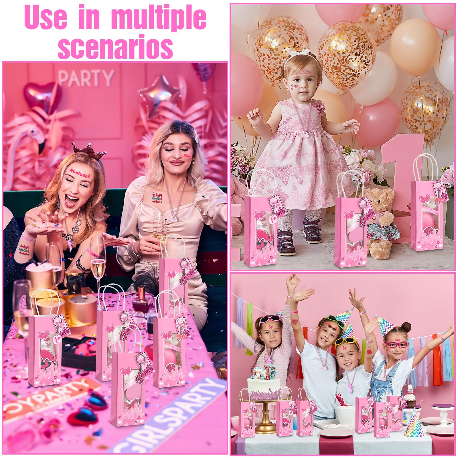 Hotop 196 Pcs Pink Princess Party Favors Kit for Girls - Includes Keychains, Silicone Bracelets, Temporary Tattoos, Pendants, Mirrors, Bags & More - Perfect for Birthday Parties, Baby Showers & Princess Themed Events