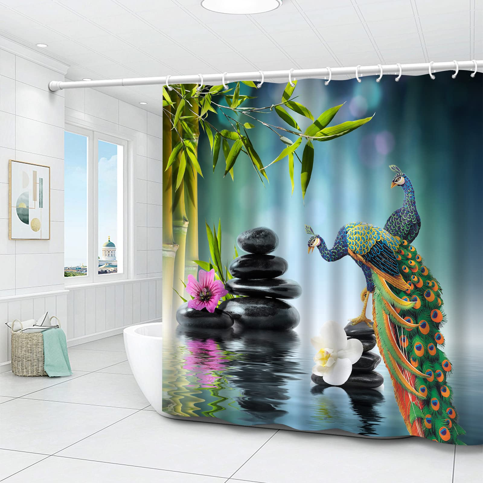 Zen Garden Shower Curtain - Peacock Green Bamboo Leaf with Purple & White Flowers - Black Stone Water Landscape Spa Theme - 60 x 70 Inch Bathroom Decor Set with Hooks | Perfect for Relaxing Spa Bathrooms, Meditation Spaces & Asian-Inspired Home Decor