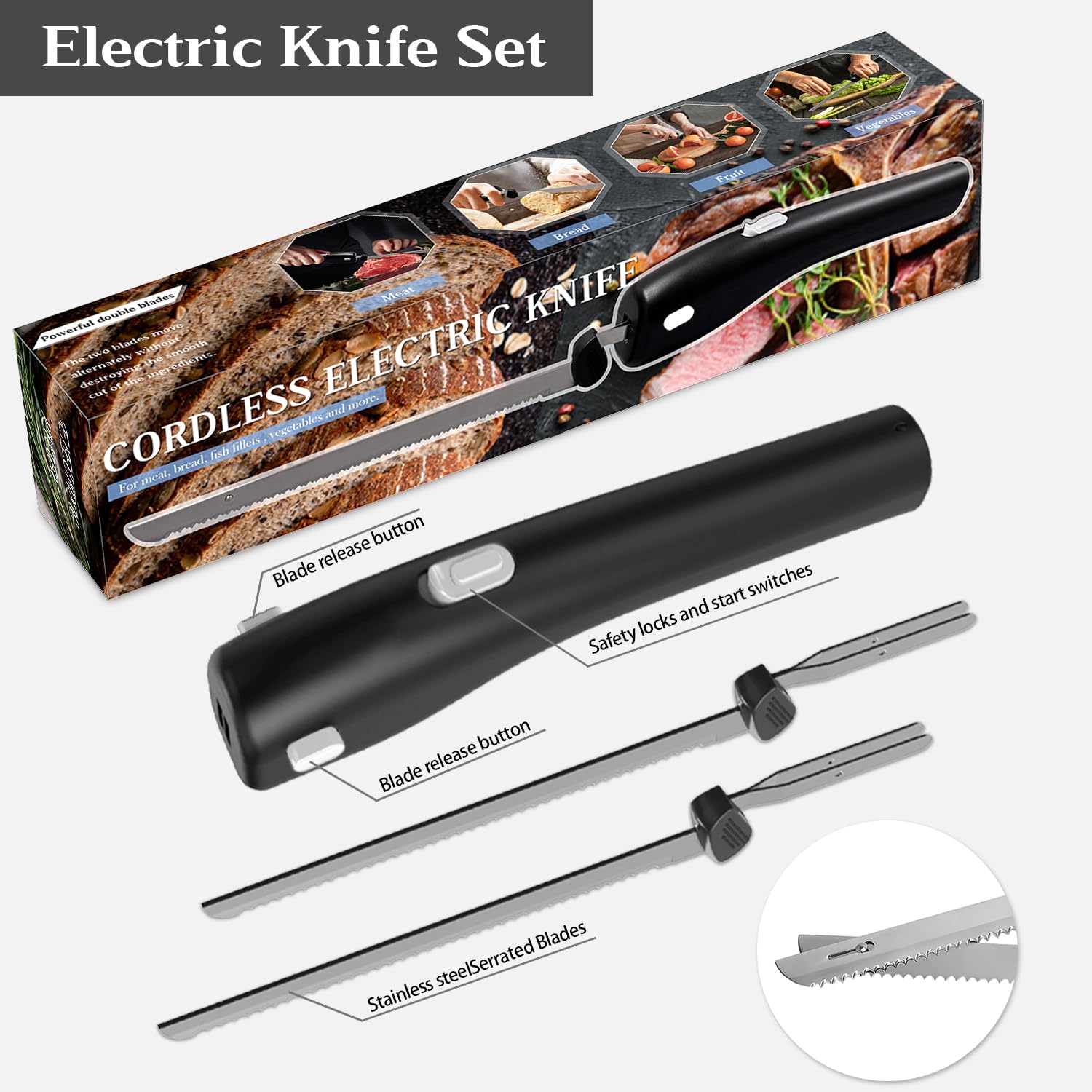 Rechargeable Cordless Electric Knife with 2 Stainless Steel Blades - Safety Lock & Ergonomic Handle for Carving Meat, Bread, Fish, Cheese & Steak | Perfect for Holiday Dinners, BBQ Parties & Home Cooking (Grey)
