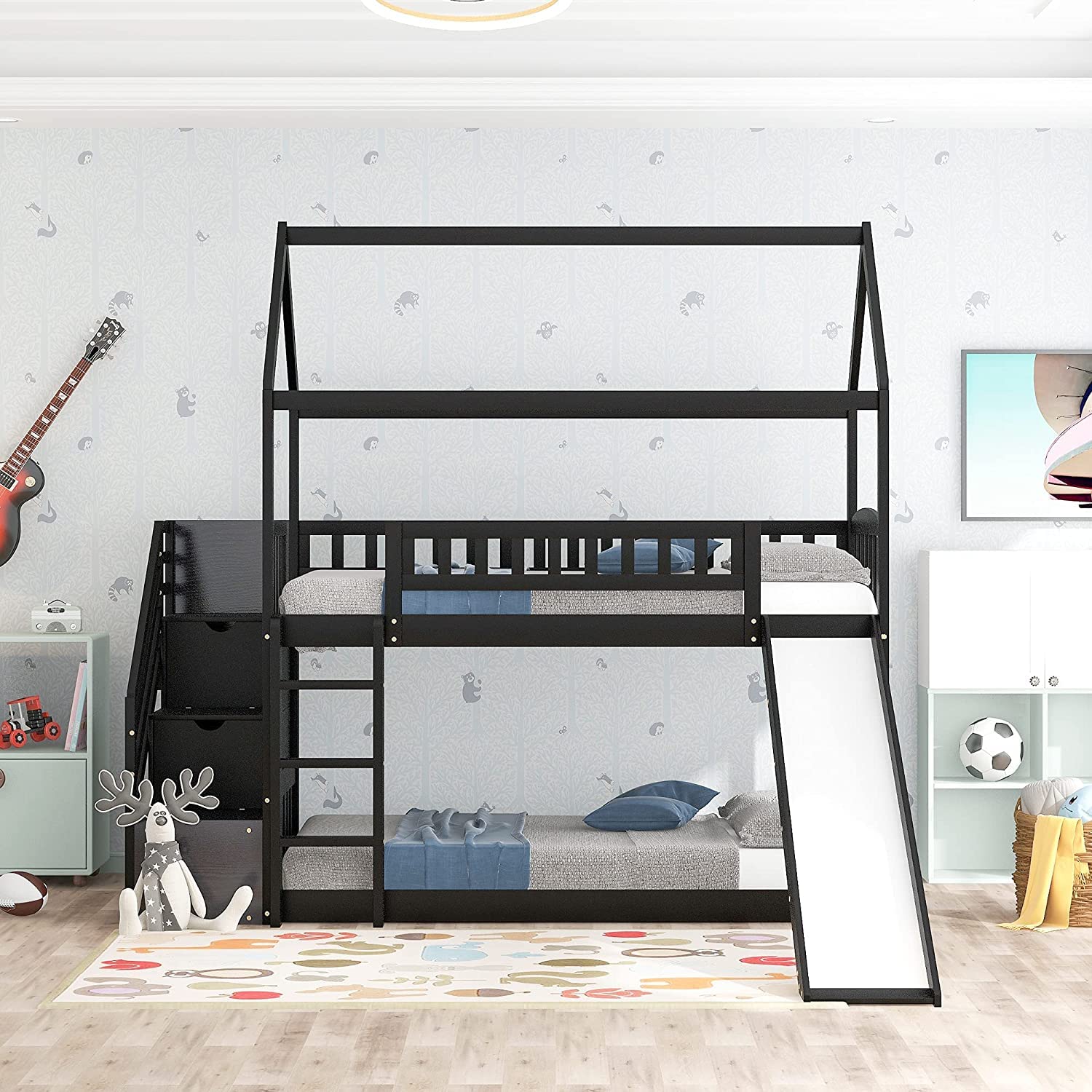 DNYN Twin Over Twin Bunk Bed with Storage Drawers & Slide - House Shaped Kids Bunk Bed with Safety Guardrails, Solid Pinewood Frame, No Box Spring Needed (Espresso) - Perfect for Small Bedrooms, Kids' Rooms & Space-Saving Sleep Solutions
