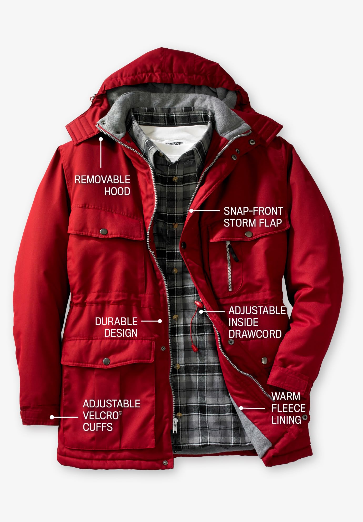 KingSize Men's Big & Tall Fleece-Lined Winter Parka with Detachable Hood & 6 Pockets - Boulder Creek Heavyweight Coat for Cold Weather, Outdoor Work & Hunting